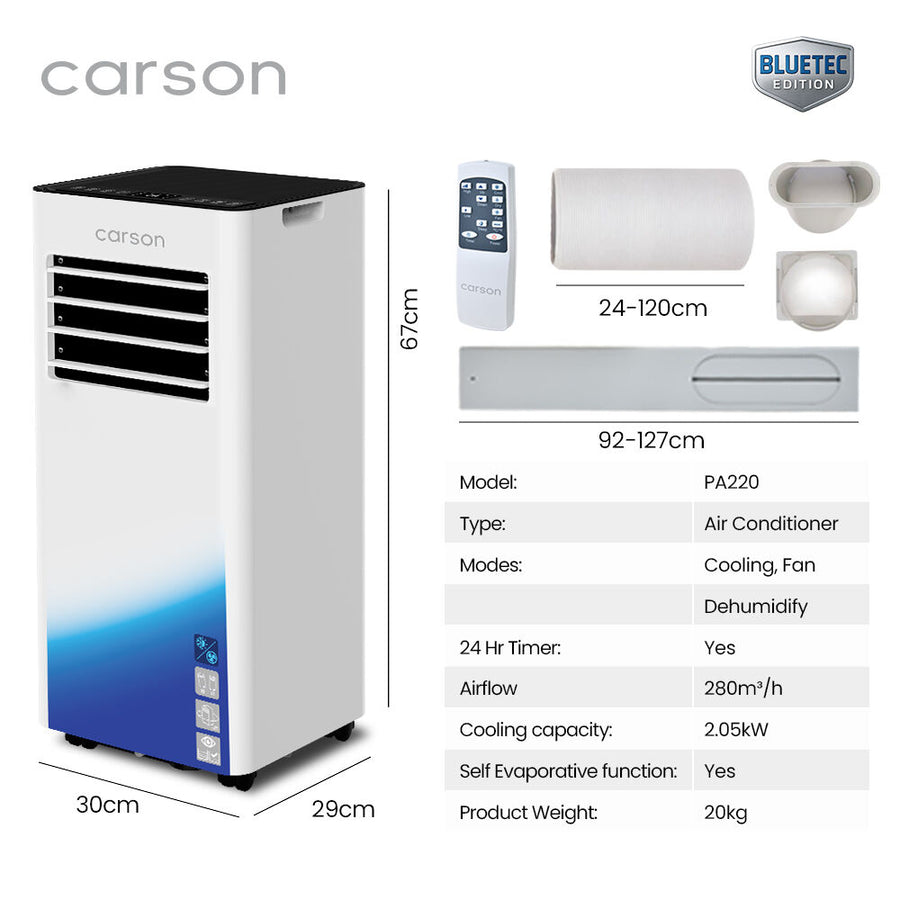 CARSON 2.05kW Portable Air Conditioner, with Dehumidifier & Fan Mode, Remote Control, 24hr Timer, Sleep Mode