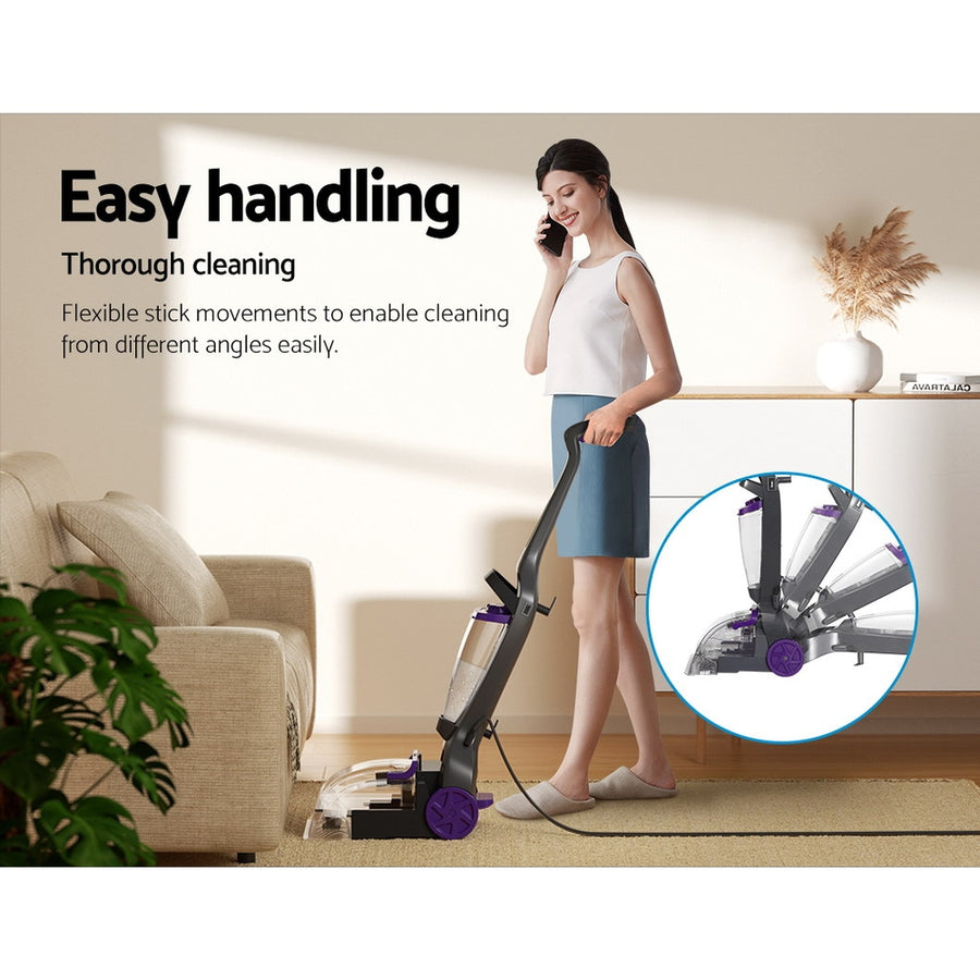 Devanti 800W carpet washer with twin water tanks and standing design, soft cleaning brush