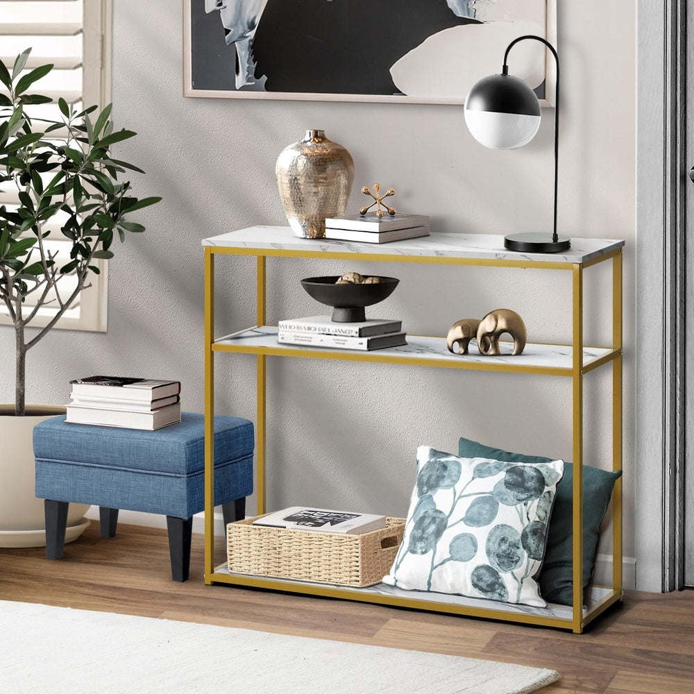 Oikiture Console Table Metal Frame 3-tier White&Gold