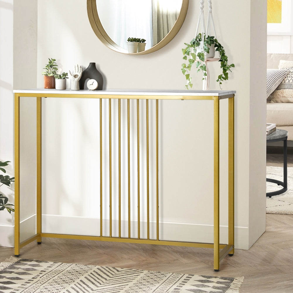 Oikiture Console Table Marble-like Tabletop Steel Frame
