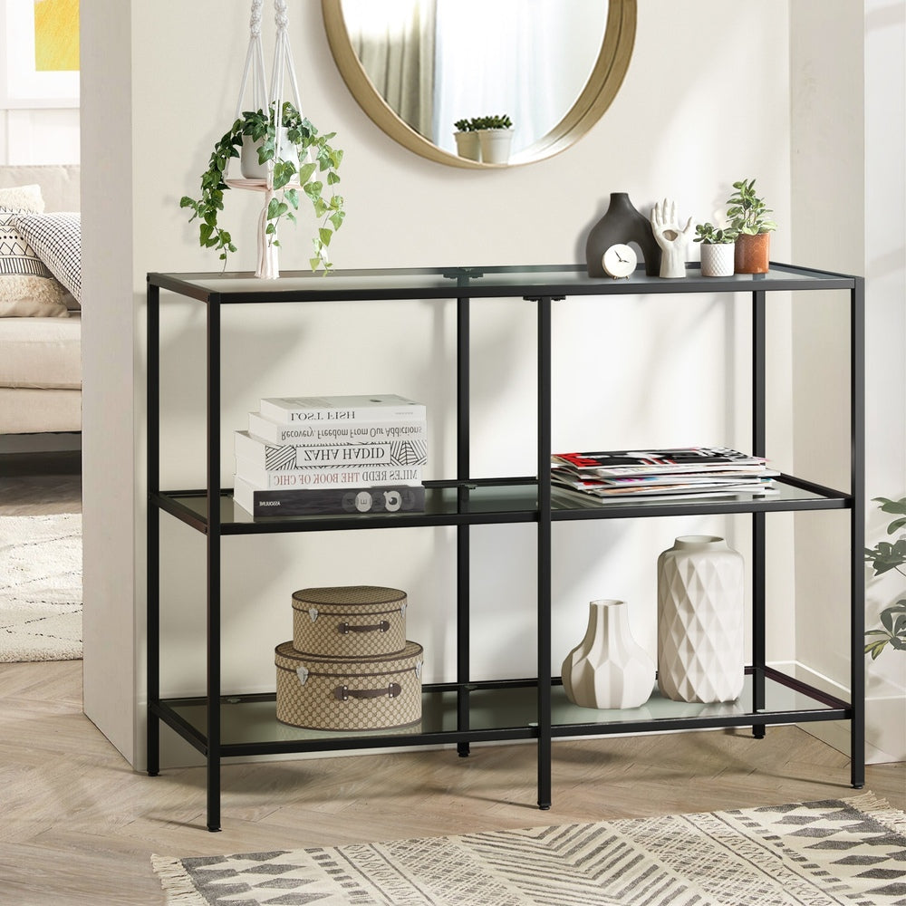 Oikiture Console Table Tempered Glass 3 Shelves Black