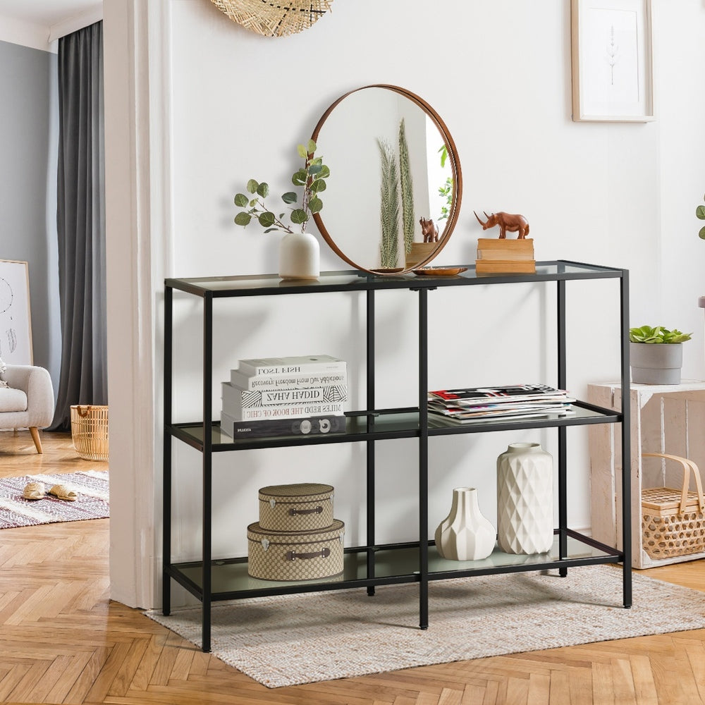 Oikiture Console Table Tempered Glass 3 Shelves Black