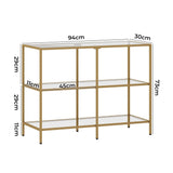 Oikiture Console Table Tempered Glass 3 Shelves Gold - Low Angle