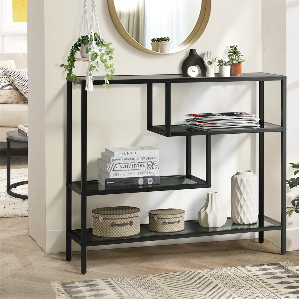 Oikiture Console Table Tempered Glass 4 Shelves Black