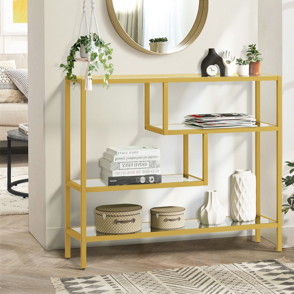 Oikiture Console Table Tempered Glass 4 Shelves Gold
