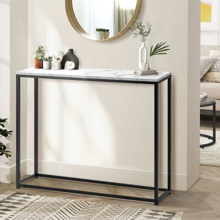 Oikiture Console Table Marble-look Iron Black&White
