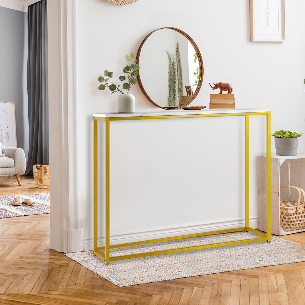 Oikiture Console Table Marble-look Iron Gold&White