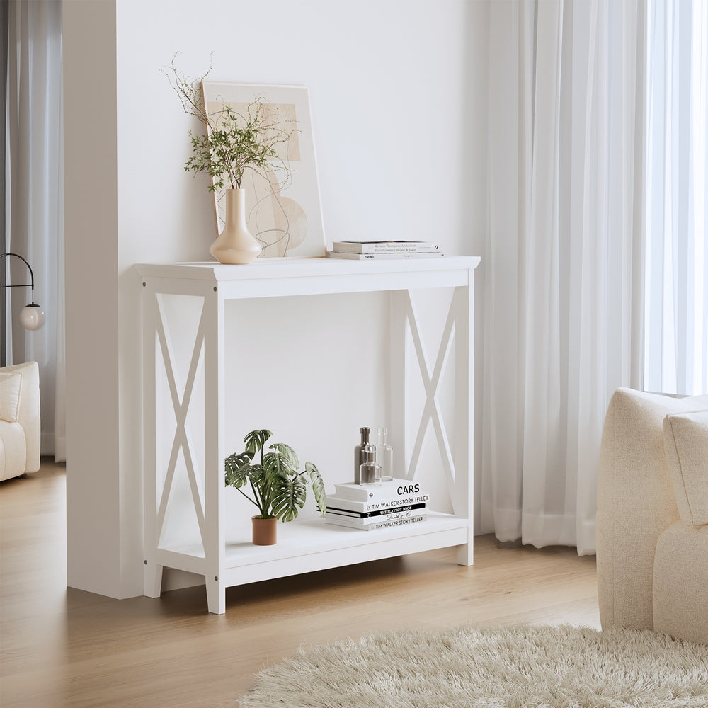 Oikiture 2-Tier Console Table X-Design Wooden White