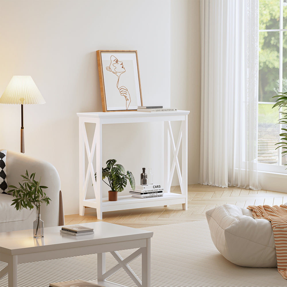 Oikiture 2-Tier Console Table X-Design Wooden White
