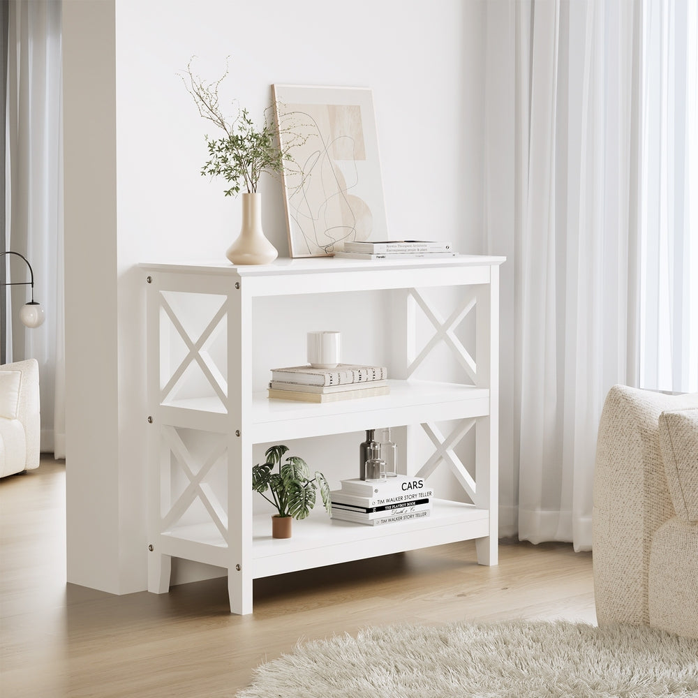 Oikiture 3-Tier Console Table X-Design Wooden White