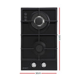 Devanti Gas Cooktop 30cm 2 Burner Built-in Stove Glass Cook Top NG LPG Wok Burner - Front View