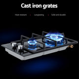 Devanti Gas Cooktop 30cm 2 Burner Built-in Stove Glass Cook Top NG LPG Wok Burner - 45-Degree Angle