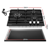 Devanti 59cm Gas Cooktop 3 Burner Knob Control Glass Hob Cast Iron Black - Front View