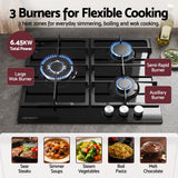 Devanti 59cm Gas Cooktop 3 Burner Knob Control Glass Hob Cast Iron Black - Top-Down View