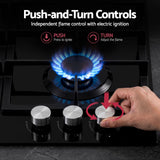 Devanti 59cm Gas Cooktop 3 Burner Knob Control Glass Hob Cast Iron Black - 45-Degree Angle