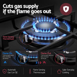 Devanti 59cm Gas Cooktop 3 Burner Knob Control Glass Hob Cast Iron Black - Rear View