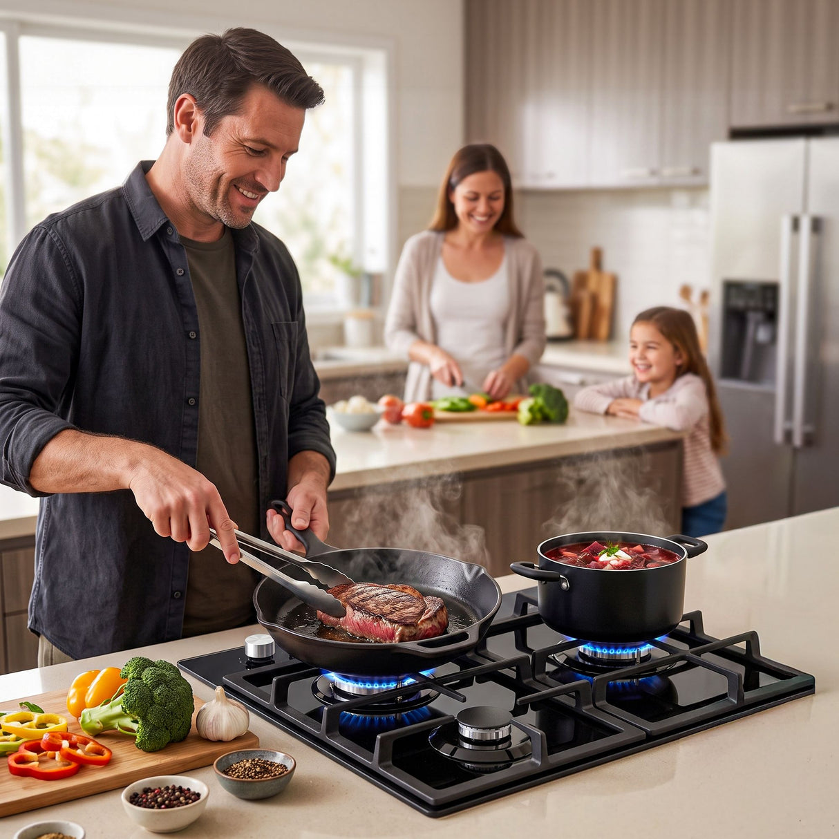 Devanti 59cm Gas Cooktop 3 Burner Knob Control Glass Hob Cast Iron Black