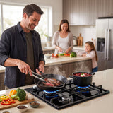 Devanti 59cm Gas Cooktop 3 Burner Knob Control Glass Hob Cast Iron Black - Extra Image