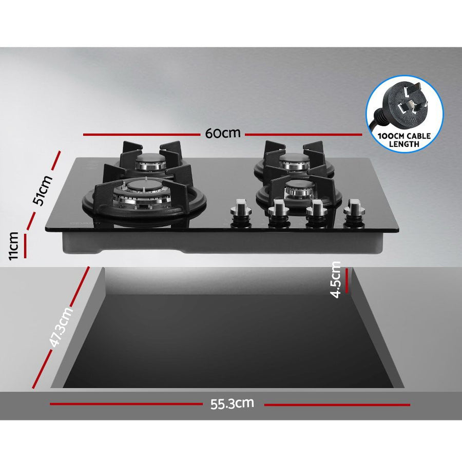 Devanti Gas Cooktop 60cm 4 Burner Black, image 2