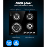 Devanti Gas Cooktop 60cm 4 Burner Black - 45-Degree Angle