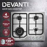 Devanti Gas Cooktop 60cm 4 Burner Silvir - Side View