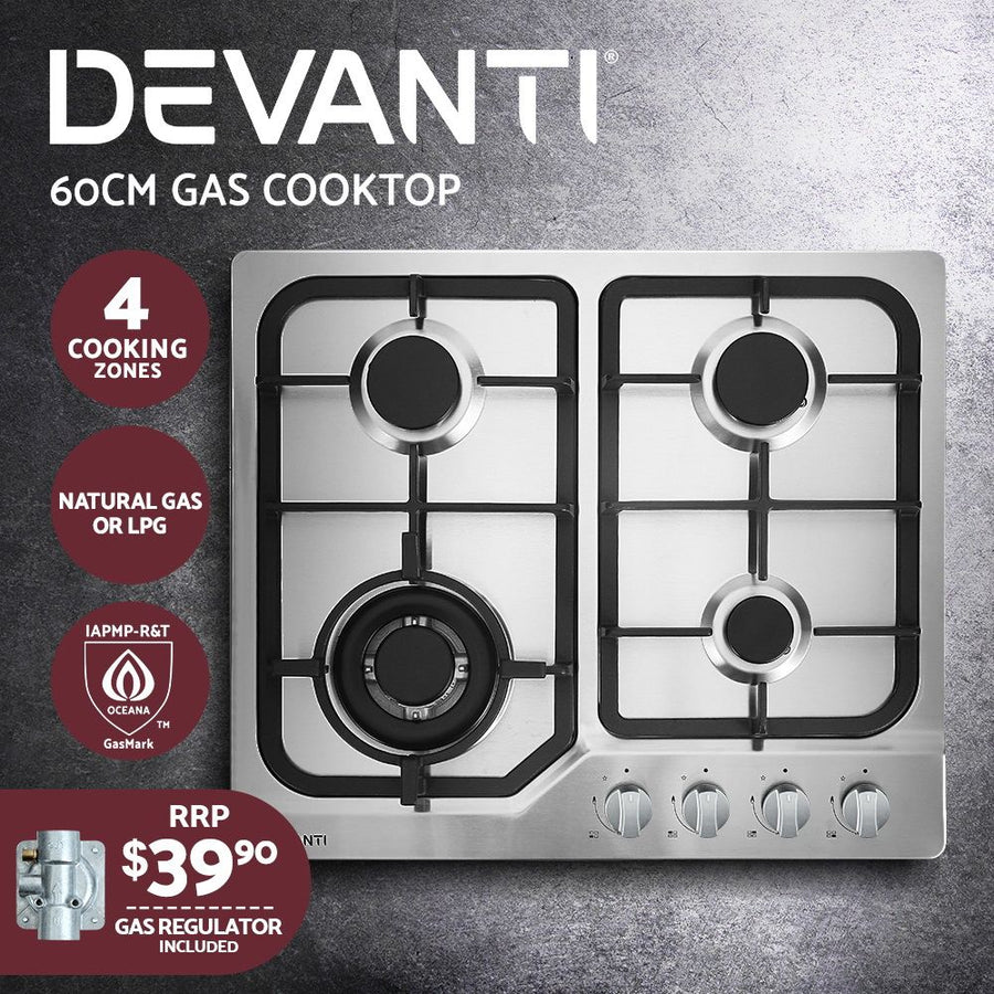 Devanti Gas Cooktop 60cm 4 Burner Silvir, image 3