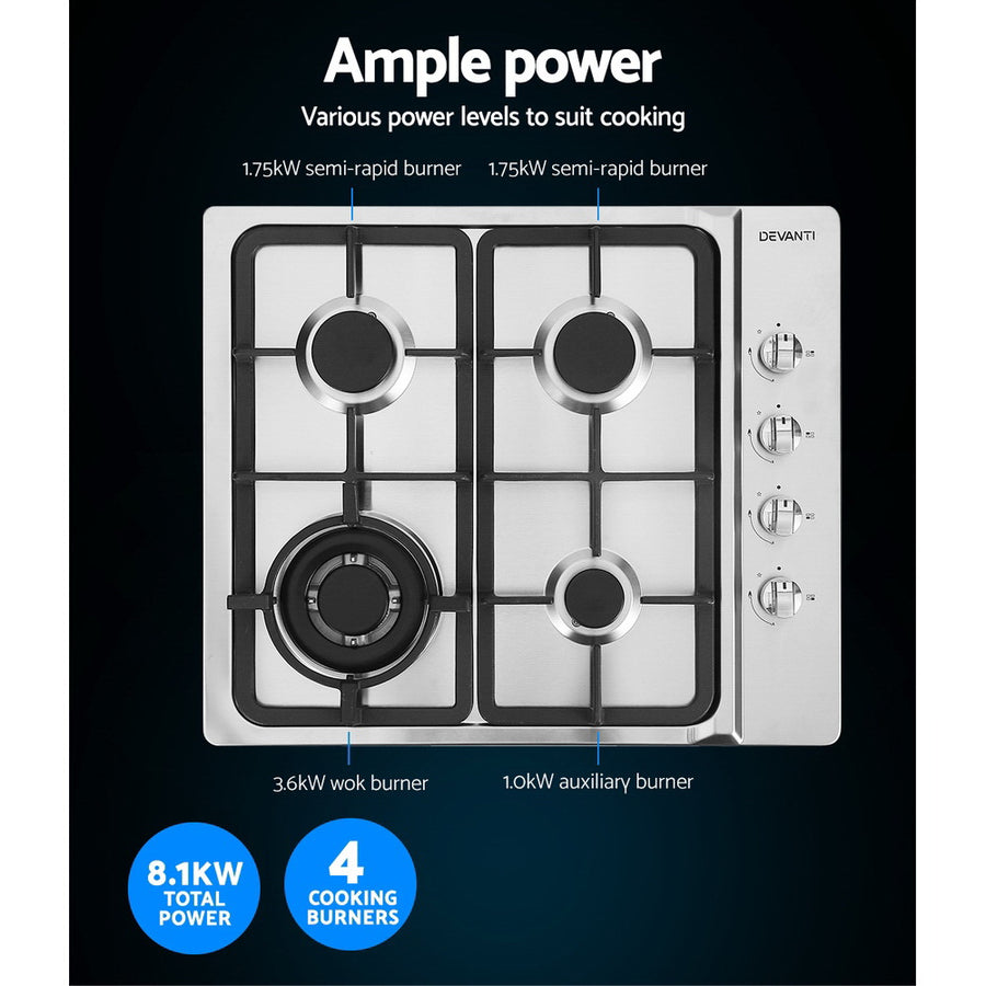 Devanti Gas Cooktop 60cm Stove Hob Silvir, image 5