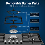 Devanti 90cm Gas Cooktop 5 Burner LPG NG Tempered Glass Hob Black - 45-Degree Angle