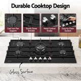 Devanti 90cm Gas Cooktop 5 Burner LPG NG Tempered Glass Hob Black - Close-Up Angle
