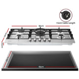 Devanti 90cm Gas Cooktop 5 Burner LPG NG Stainless Steel Hob Silver - Front View