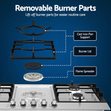 Devanti 90cm Gas Cooktop 5 Burner LPG NG Stainless Steel Hob Silver - 45-Degree Angle