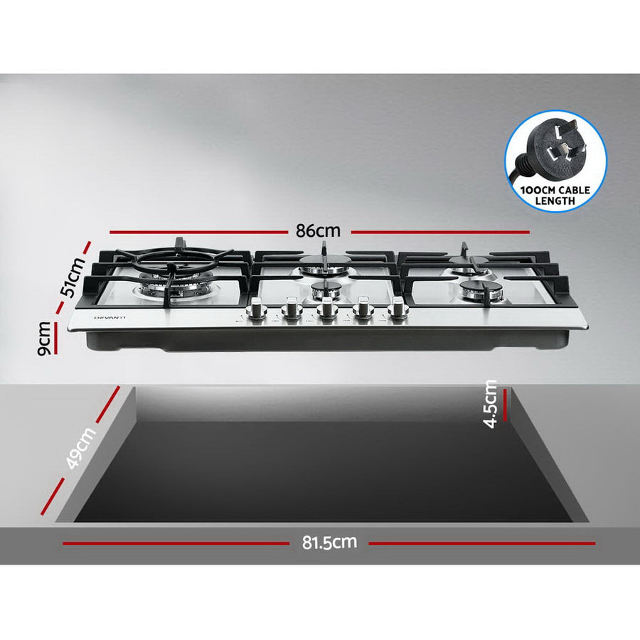 Devanti Gas Cooktop 90cm 5 Burner Silvir, image 2
