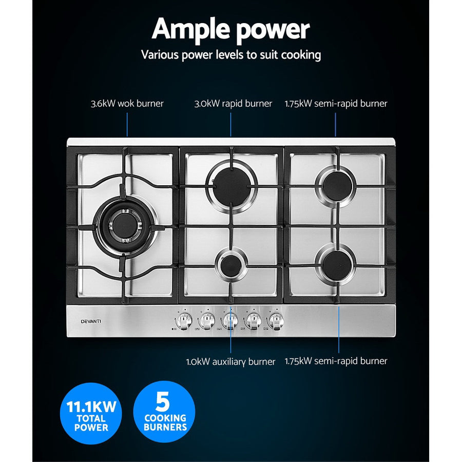 Devanti Gas Cooktop 90cm 5 Burner Silvir, image 5