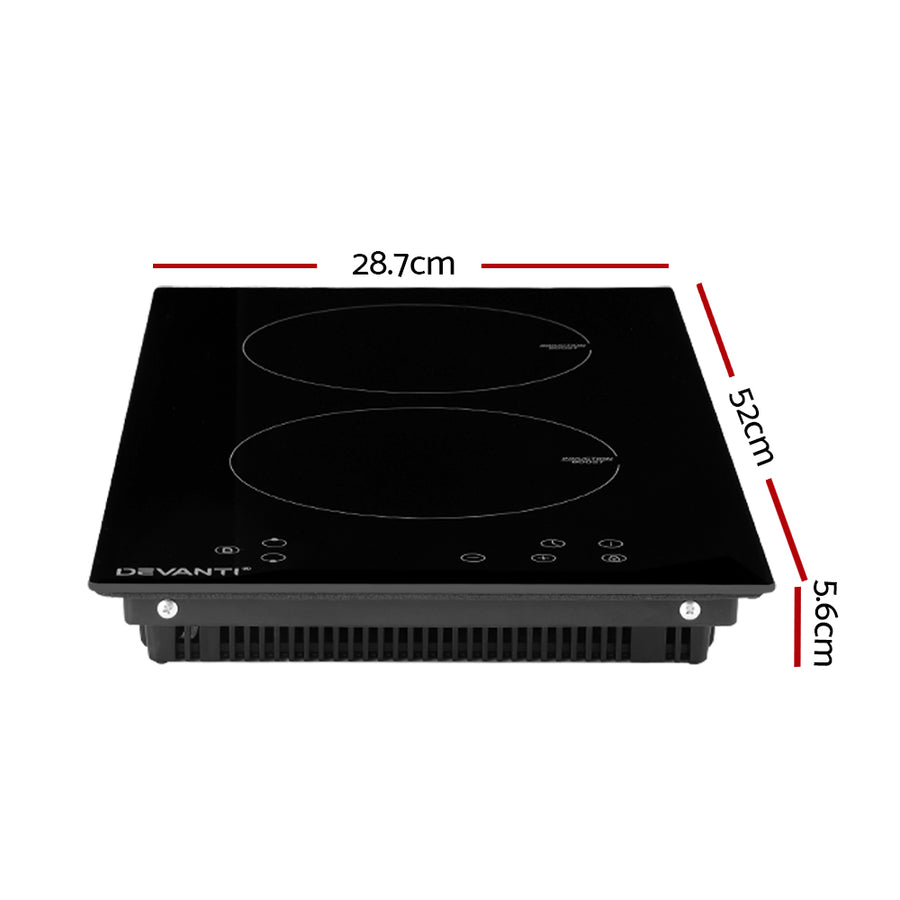Devanti 30cm two zone induction cooktop with black ceramic glass and touch controls, touch control panel