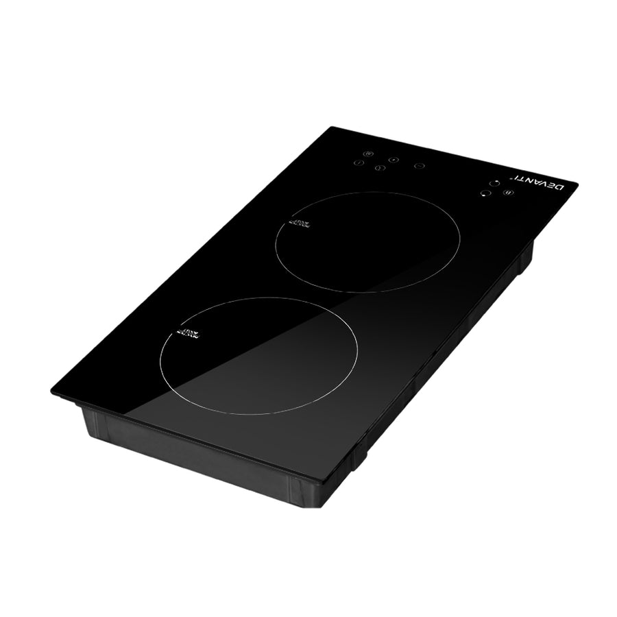 Devanti 30cm two zone induction cooktop with black ceramic glass and touch controls, LED display panel