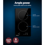 Devanti 30cm two zone induction cooktop with black ceramic glass and touch controls, two cooking zones