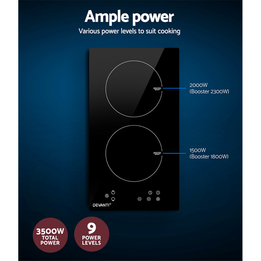 Devanti 30cm two zone induction cooktop with black ceramic glass and touch controls, two cooking zones