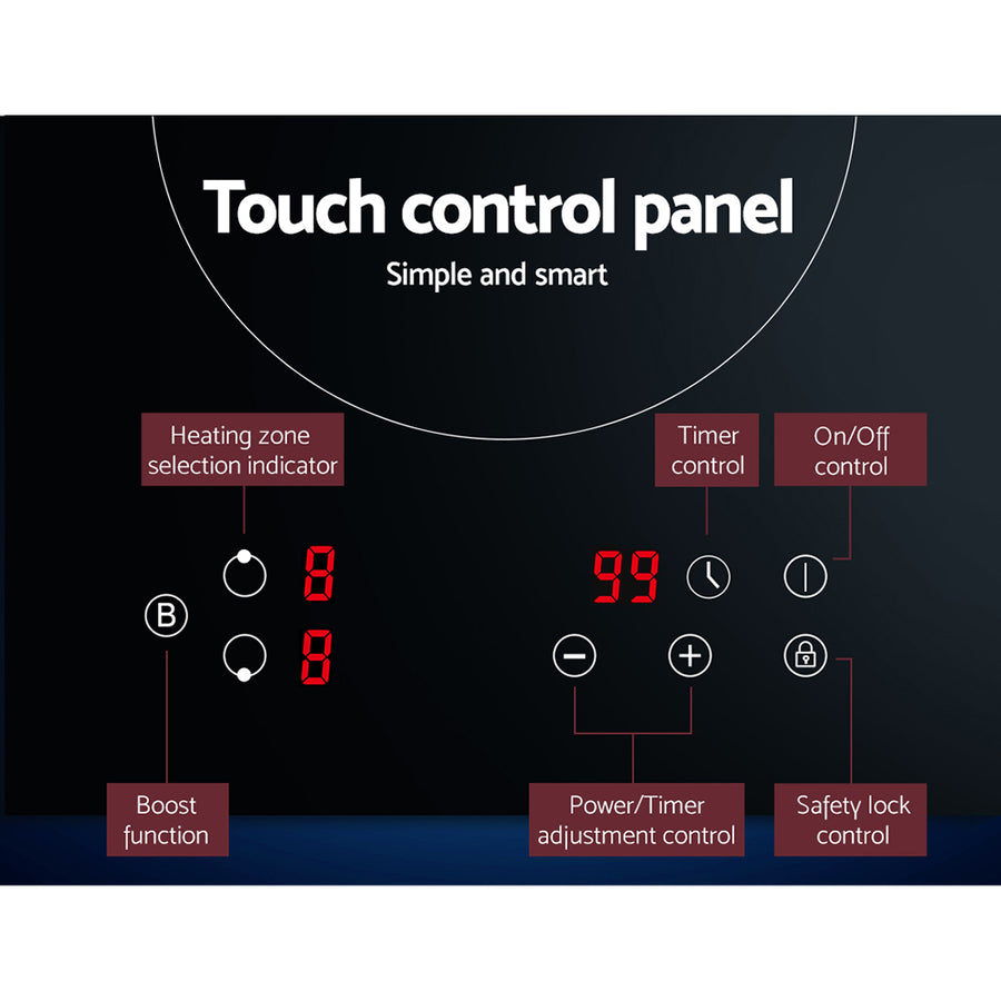 Devanti 30cm two zone induction cooktop with black ceramic glass and touch controls, black ceramic glass plate