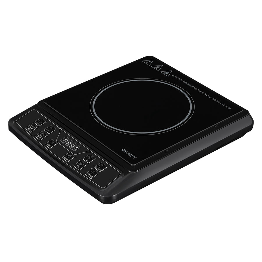 Devanti 30cm portable induction cooktop, black ceramic glass, black crystal glass plate