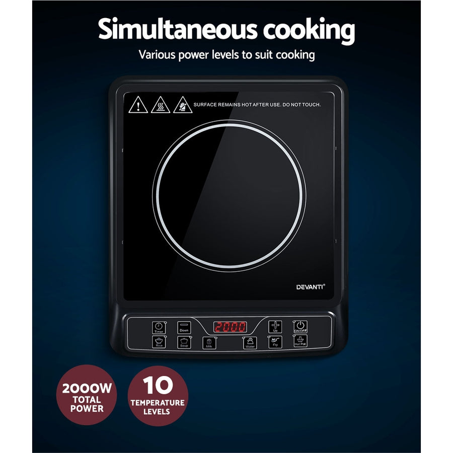 Devanti 30cm portable induction cooktop, black ceramic glass, 3-hour timer function