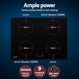 Devanti 70cm Ceramic Induction Cooktop with 4 Zones and 7000W Power Boost - Top-Down View