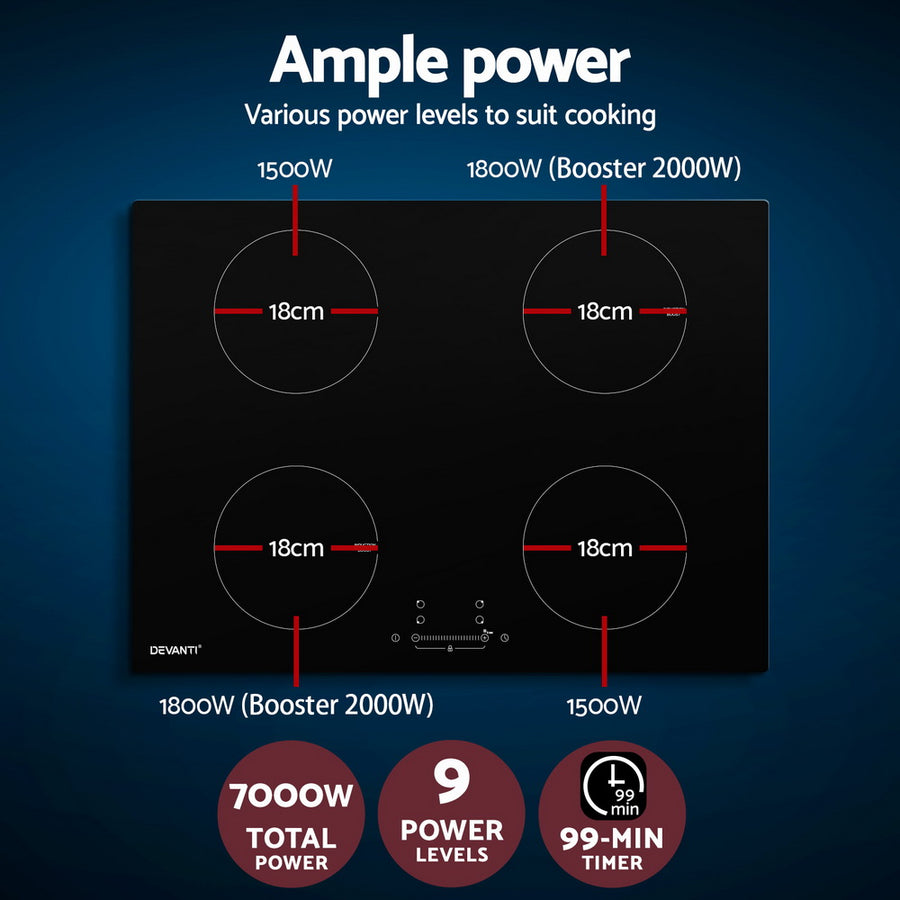 Devanti Electric Induction Cooktop 70cm Ceramic 4 Zones Stove Cook Top Hot Plate 7000W, image 4