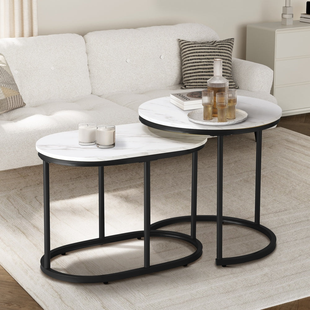 Oikiture Set of 2 Coffee Table Round Oval Marble-like Nesting Black