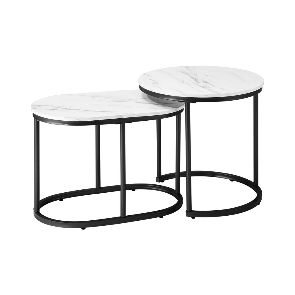 Oikiture Set of 2 Coffee Table Round Oval Marble-like Nesting Black