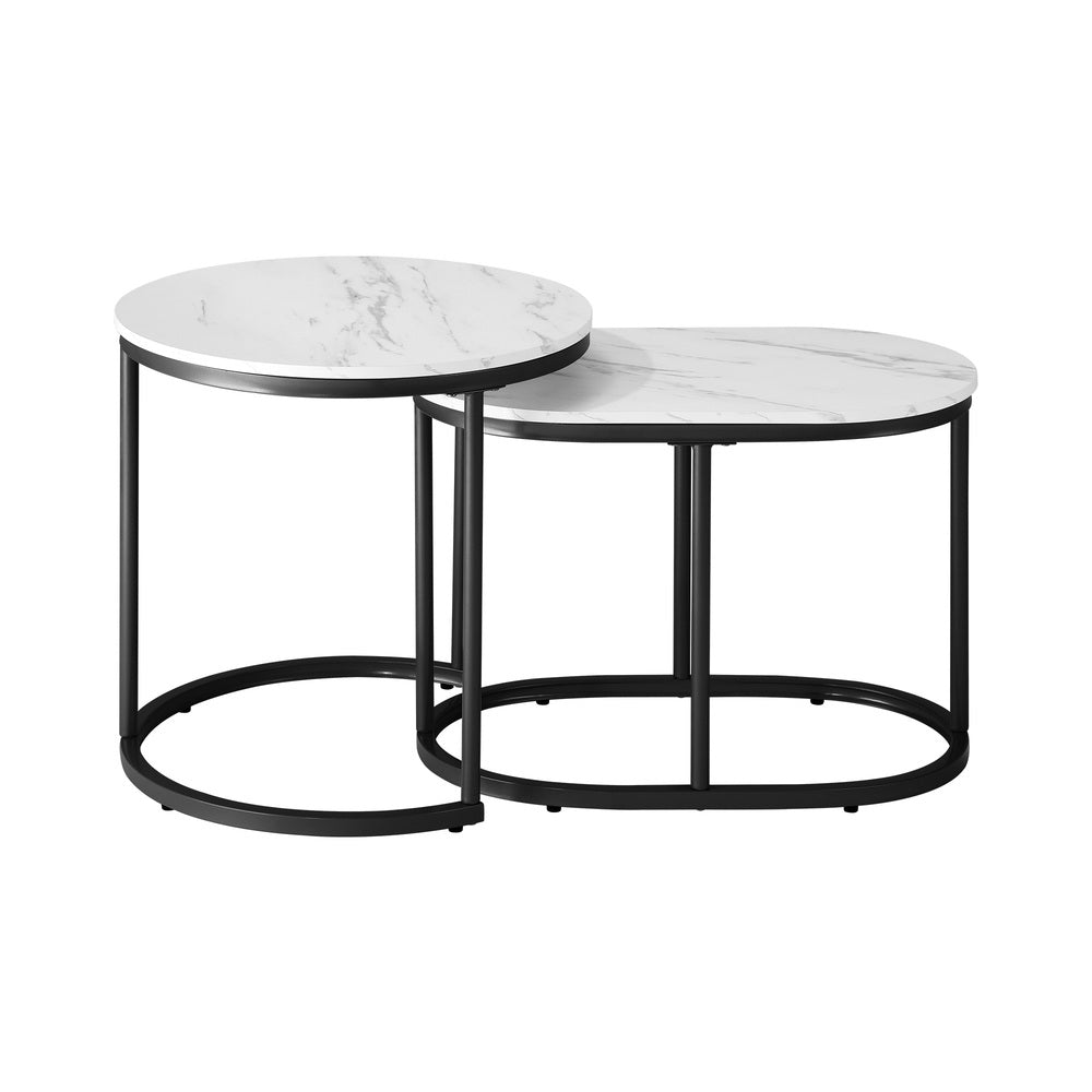 Oikiture Set of 2 Coffee Table Round Oval Marble-like Nesting Black