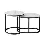 Oikiture Set of 2 Coffee Table Round Oval Marble-like Nesting Black - Top-Down View