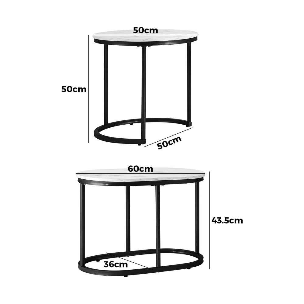 Oikiture Set of 2 Coffee Table Round Oval Marble-like Nesting Black