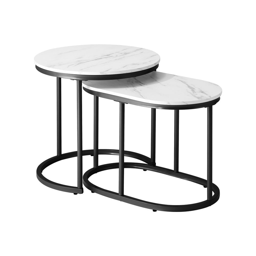 Oikiture Set of 2 Coffee Table Round Oval Marble-like Nesting Black