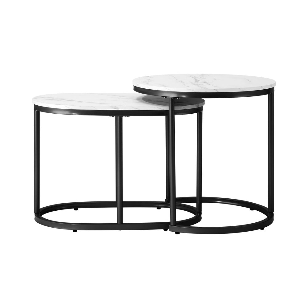 Oikiture Set of 2 Coffee Table Round Oval Marble-like Nesting Black
