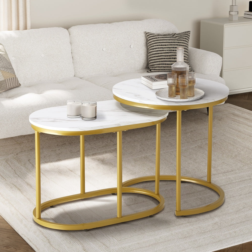 Oikiture Set of 2 Coffee Table Round Oval Marble-like Nesting Gold